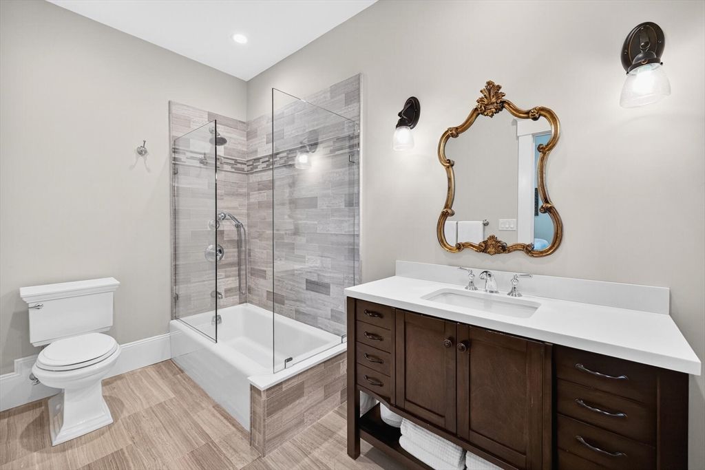 Bathroom, Glass Shower, Interior, Recessed Lighting, Wood Texture Flooring