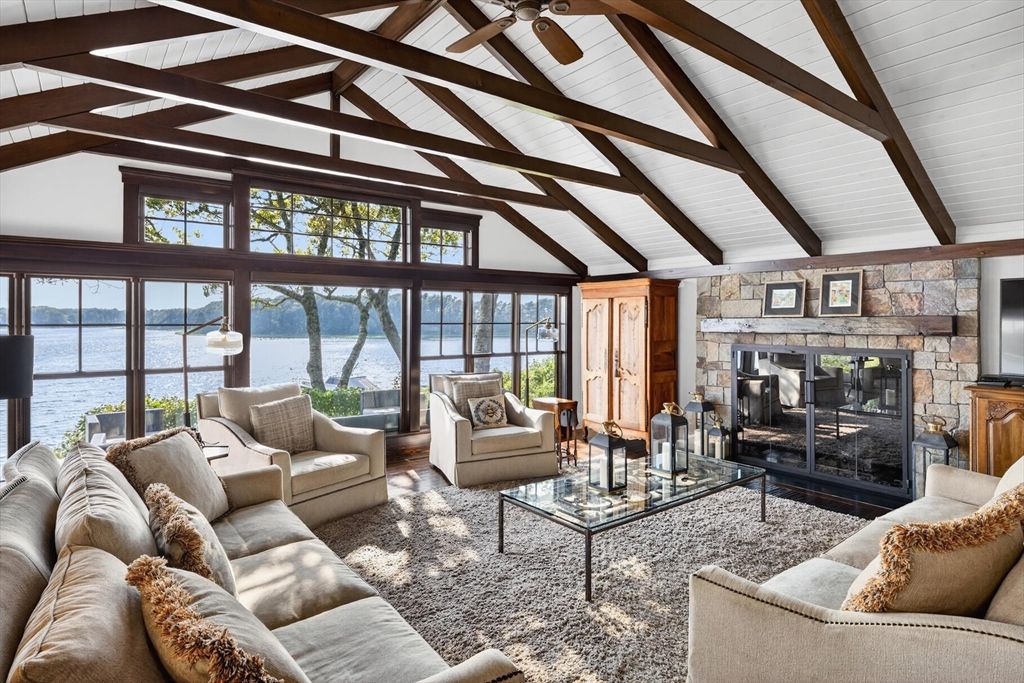 Fireplace, Interior, Living room, Stone Walls, Water, Wooden Beams