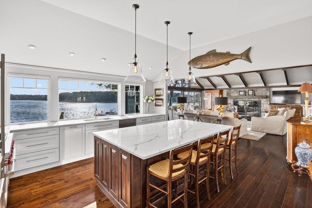 Dining room, Fireplace, Interior, Kitchen, Living room, Pendant Lights, Recessed Lighting, Water, Wood Texture Flooring