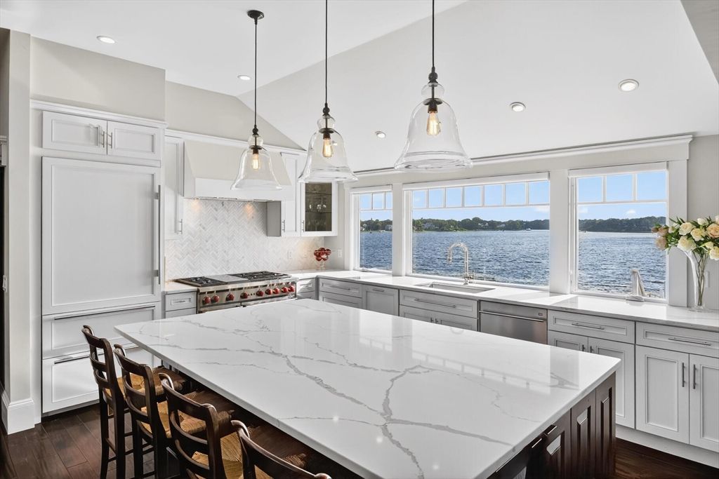 Interior, Kitchen, Pendant Lights, Recessed Lighting, Stainless Steel Appliances, Water, Wood Texture Flooring
