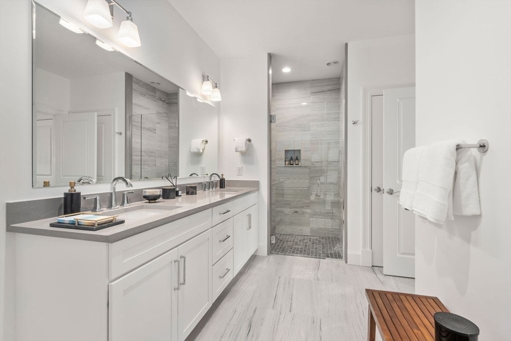 Bathroom, Dual Sink Vanities, Glass Shower, Interior, Recessed Lighting, Wood Texture Flooring