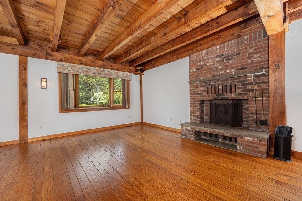 Empty room, Fireplace, Interior, Stone Walls, Wooden Beams, Wooden Ceilings, Wood Texture Flooring