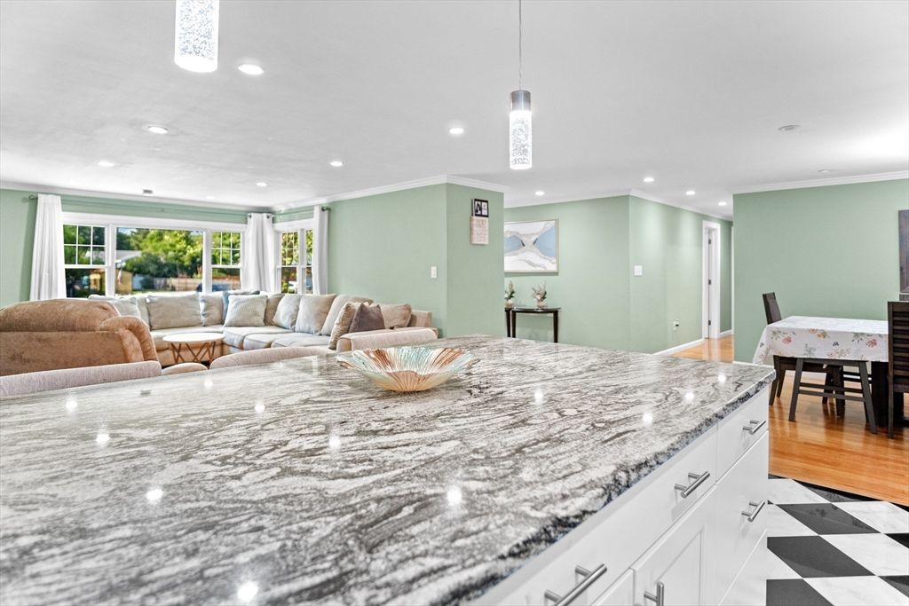 Dining room, Interior, Living room, Pendant Lights, Recessed Lighting, Wood Texture Flooring