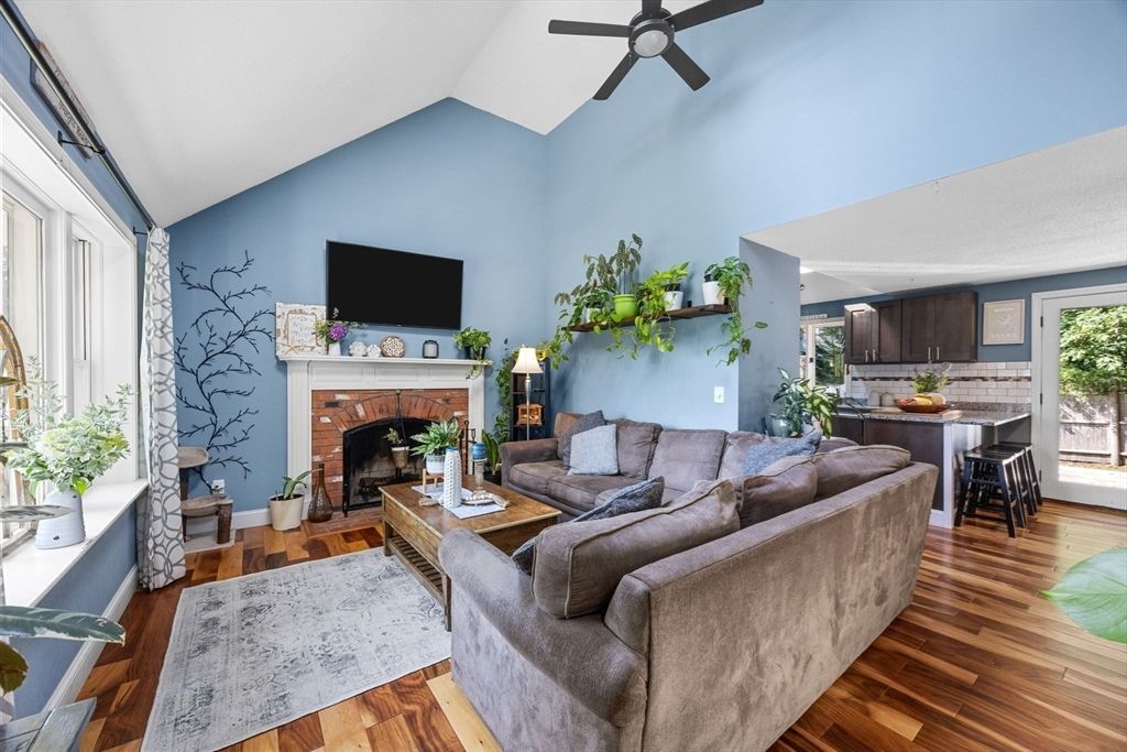 Dining room, Fireplace, Interior, Living room, Wood Texture Flooring