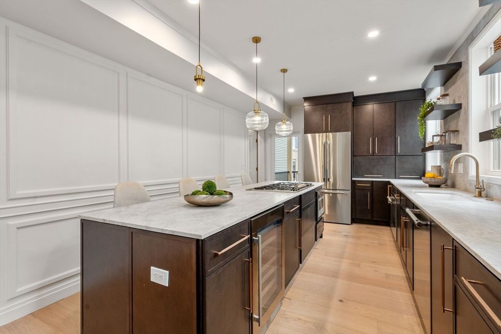 Interior, Kitchen, Pendant Lights, Recessed Lighting, Stainless Steel Appliances, Wood Texture Flooring