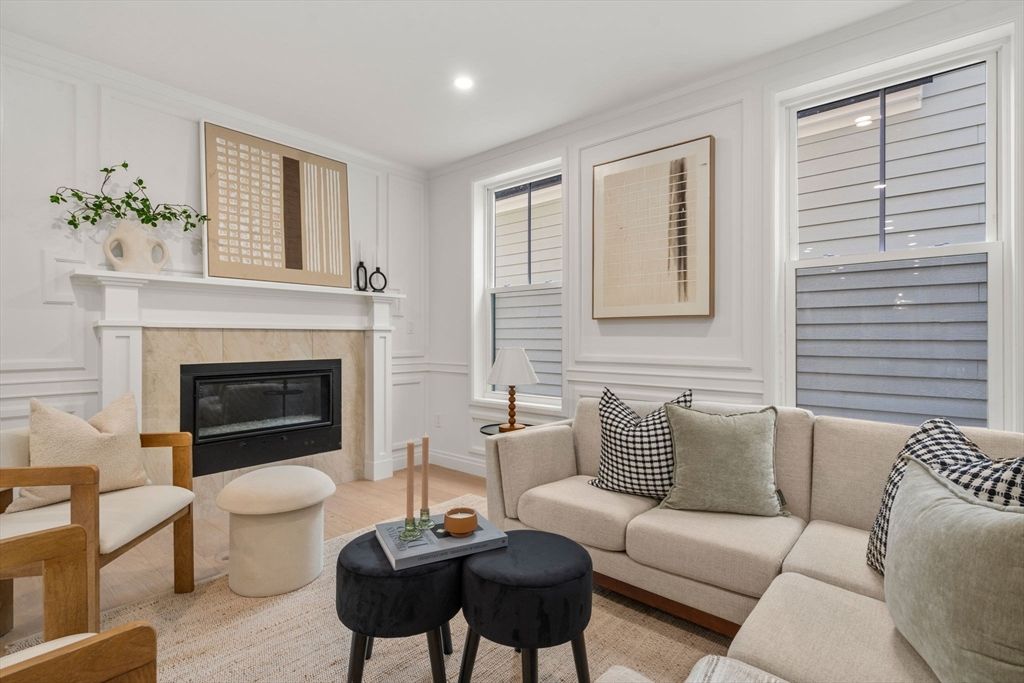 Fireplace, Interior, Living room, Recessed Lighting, Wood Texture Flooring