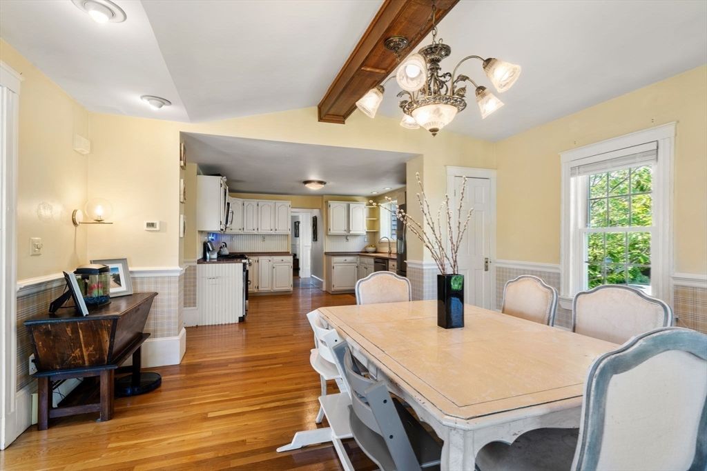 Chandelier, Dining room, Interior, Kitchen, Wooden Beams, Wood Texture Flooring
