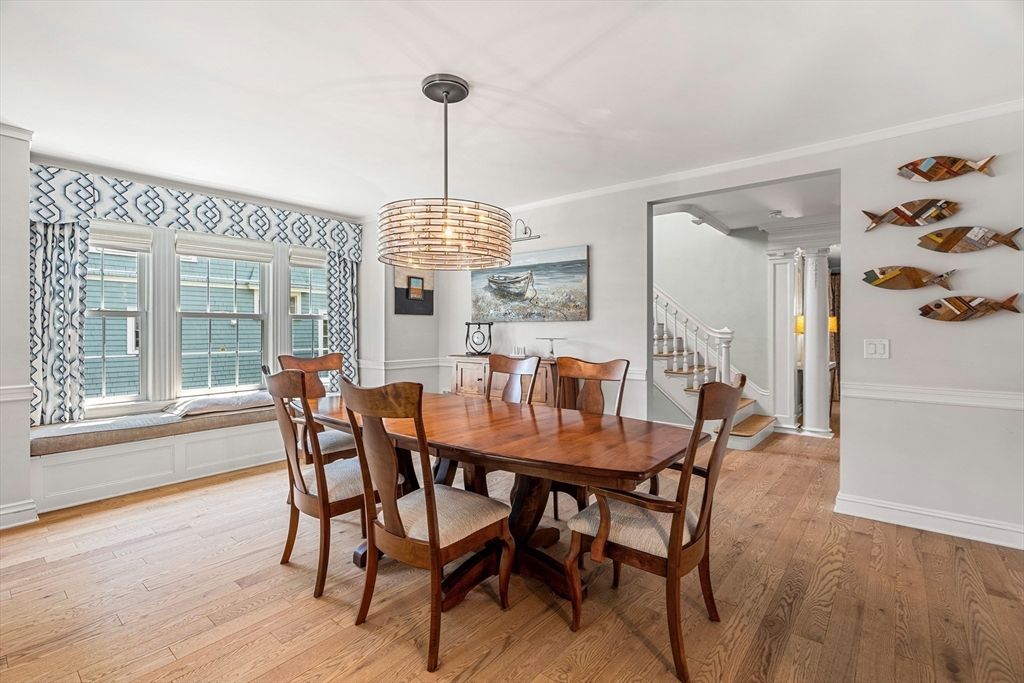 Dining room, Interior, Pendant Lights, Wood Texture Flooring