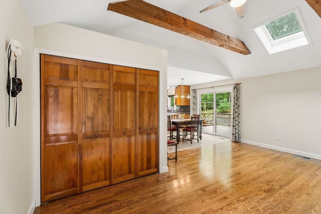 Dining room, Interior, Pendant Lights, Wooden Beams, Wood Texture Flooring