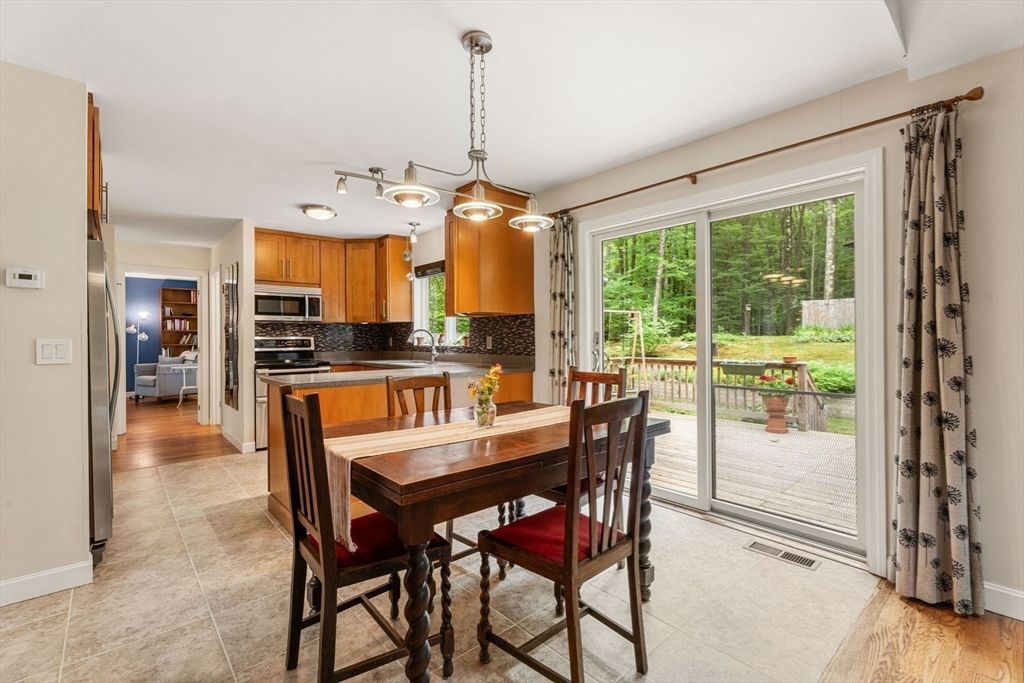 Dining room, Interior, Kitchen, Pendant Lights, Stainless Steel Appliances, Wood Texture Flooring