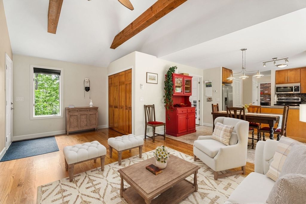 Dining room, Interior, Kitchen, Living room, Pendant Lights, Stainless Steel Appliances, Wooden Beams, Wood Texture Flooring