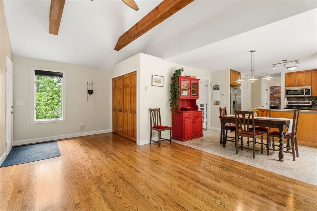 Dining room, Interior, Kitchen, Pendant Lights, Stainless Steel Appliances, Wooden Beams, Wood Texture Flooring