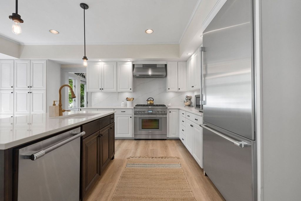 Interior, Kitchen, Pendant Lights, Recessed Lighting, Stainless Steel Appliances, Wood Texture Flooring