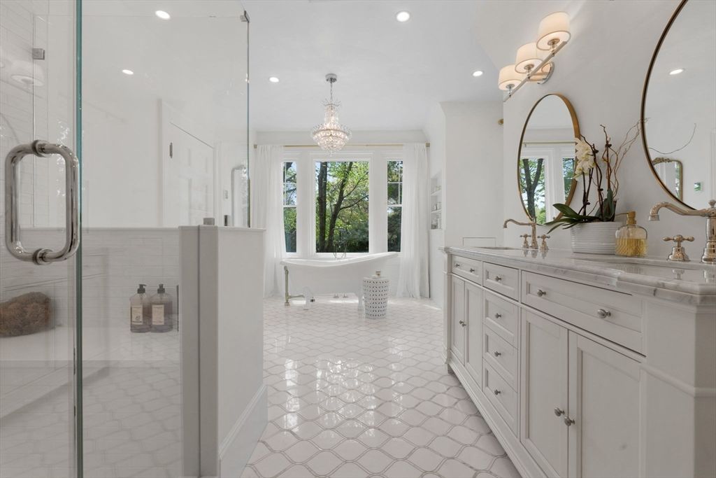 Bathroom, Chandelier, Dual Sink Vanities, Glass Shower, Interior, Recessed Lighting