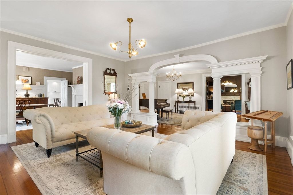 Chandelier, Dining room, Fireplace, Interior, Living room, Pendant Lights, Wood Texture Flooring