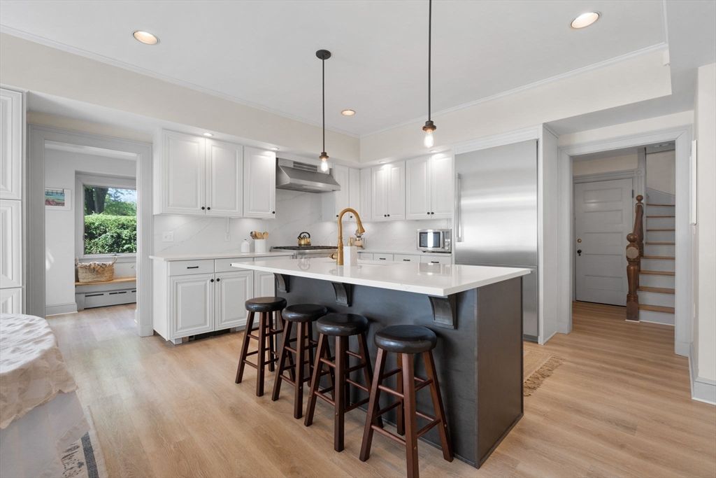 Interior, Kitchen, Pendant Lights, Recessed Lighting, Stainless Steel Appliances, Wood Texture Flooring