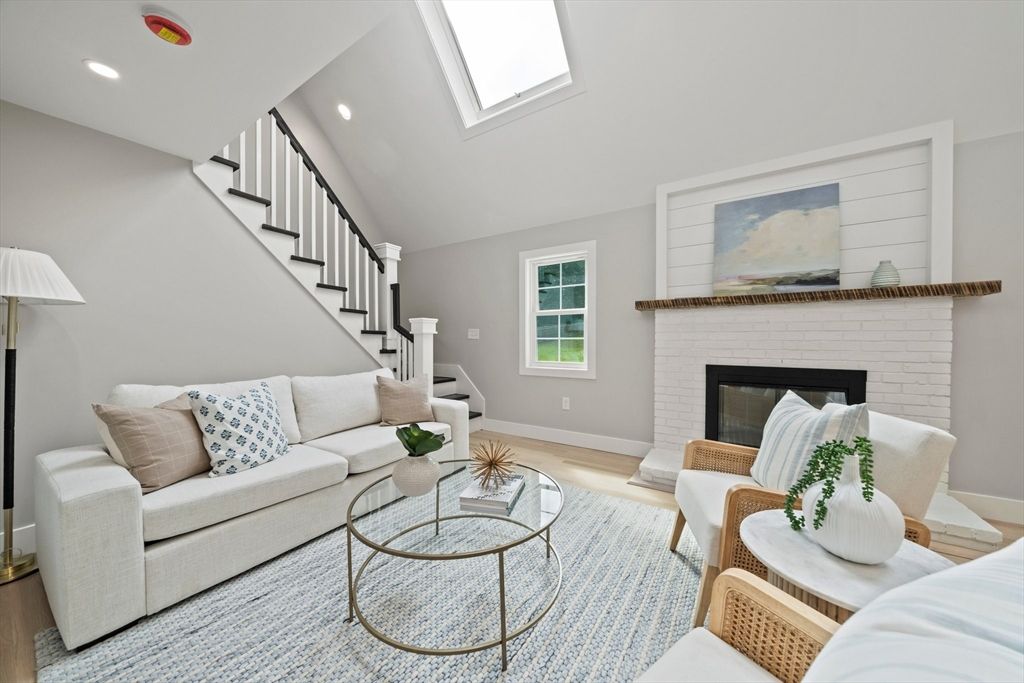 Fireplace, Interior, Living room, Recessed Lighting, Wood Texture Flooring