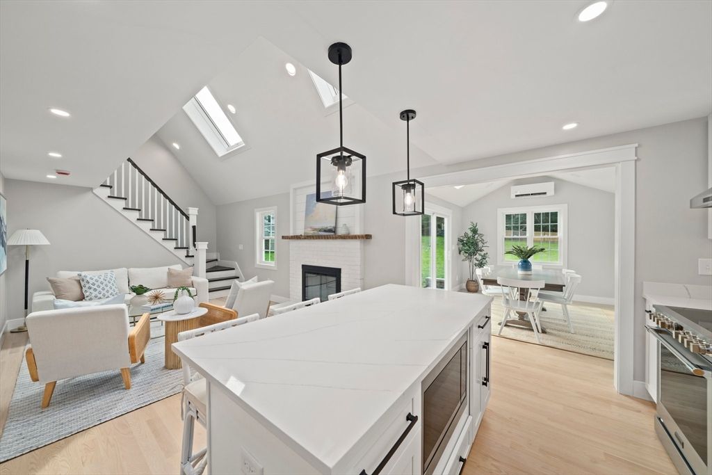 Dining room, Fireplace, Interior, Kitchen, Living room, Pendant Lights, Recessed Lighting, Wood Texture Flooring
