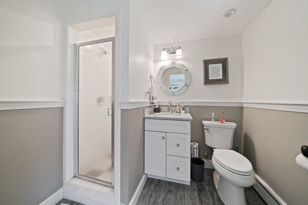 Bathroom, Glass Shower, Interior, Wood Texture Flooring
