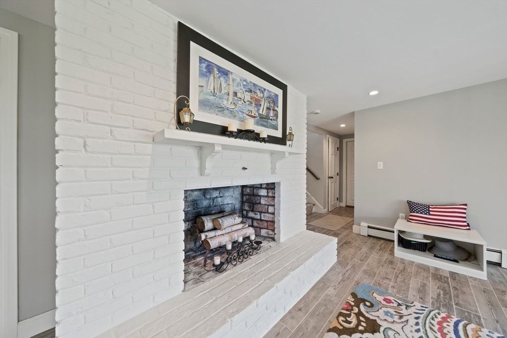 Fireplace, Interior, Recessed Lighting, Stone Walls, Wood Texture Flooring