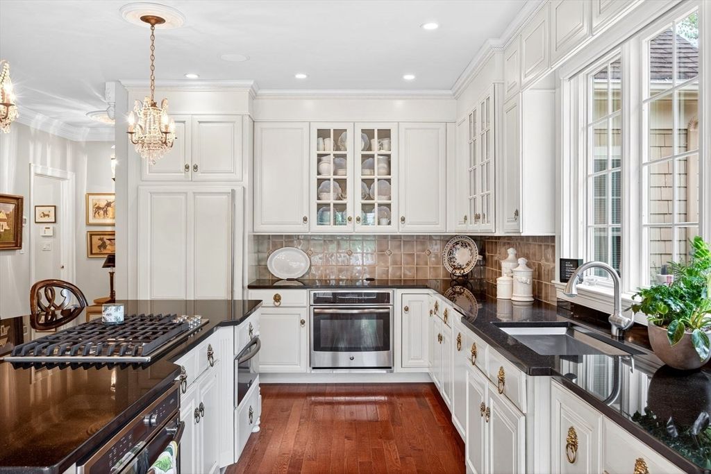 Chandelier, Interior, Kitchen, Recessed Lighting, Stainless Steel Appliances, Wood Texture Flooring