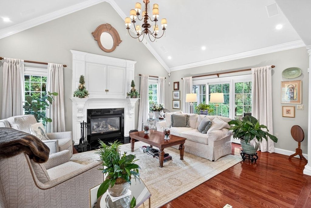 Chandelier, Fireplace, Interior, Living room, Recessed Lighting, Wood Texture Flooring