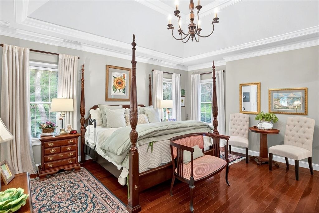 Bedroom, Chandelier, Interior, Wood Texture Flooring