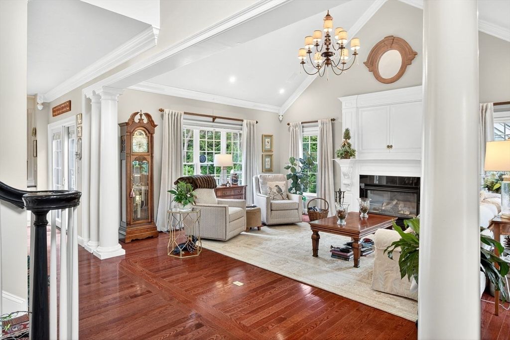 Chandelier, Fireplace, Interior, Living room, Recessed Lighting, Wood Texture Flooring