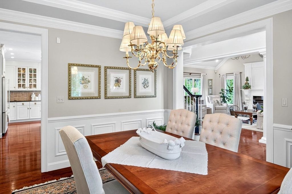 Chandelier, Dining room, Fireplace, Interior, Living room, Recessed Lighting, Wood Texture Flooring