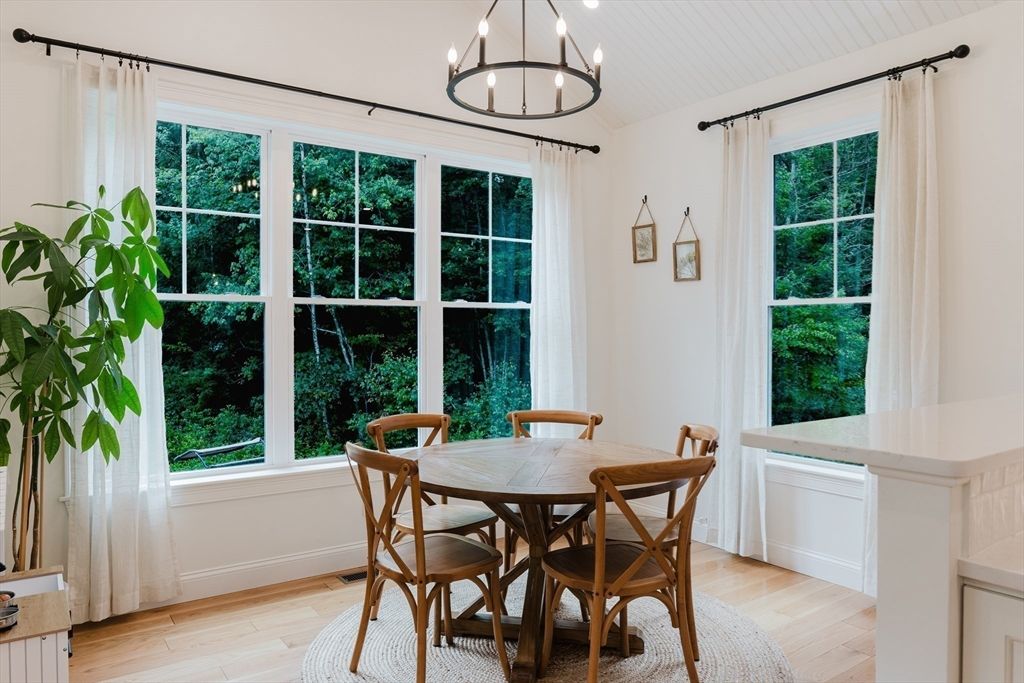 Dining room, Interior, Pendant Lights, Wood Texture Flooring