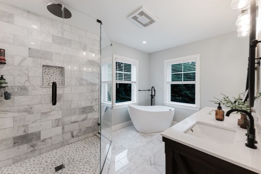 Bathroom, Dual Sink Vanities, Free Standing Baths, Glass Shower, Interior, Marble, Marble Walls, Recessed Lighting