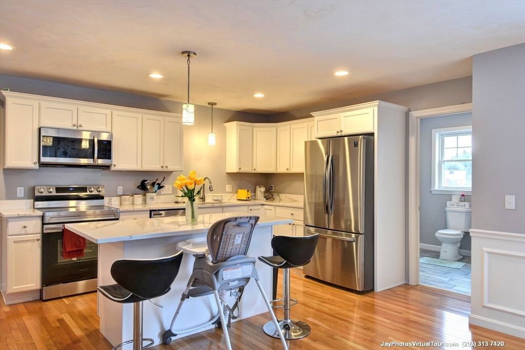 Interior, Kitchen, Pendant Lights, Recessed Lighting, Stainless Steel Appliances, Wood Texture Flooring
