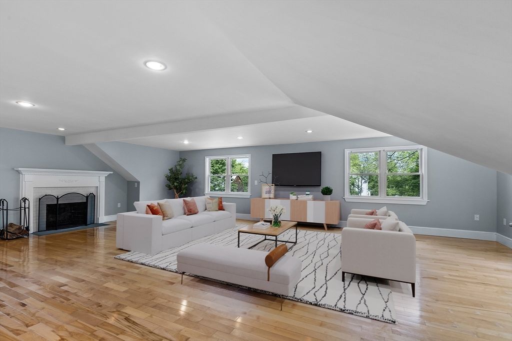Fireplace, Interior, Living room, Recessed Lighting, Wood Texture Flooring