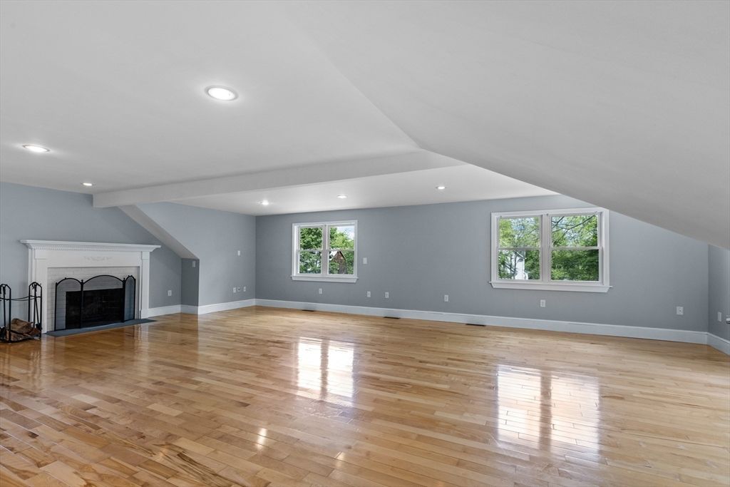 Empty room, Fireplace, Interior, Recessed Lighting, Wood Texture Flooring