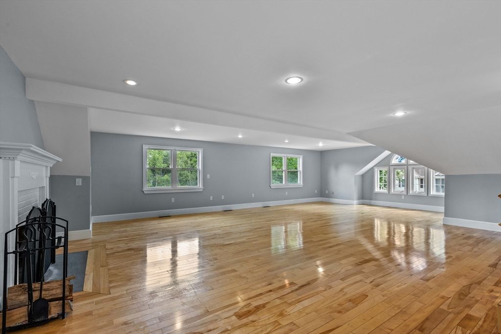 Empty room, Fireplace, Interior, Recessed Lighting, Wood Texture Flooring