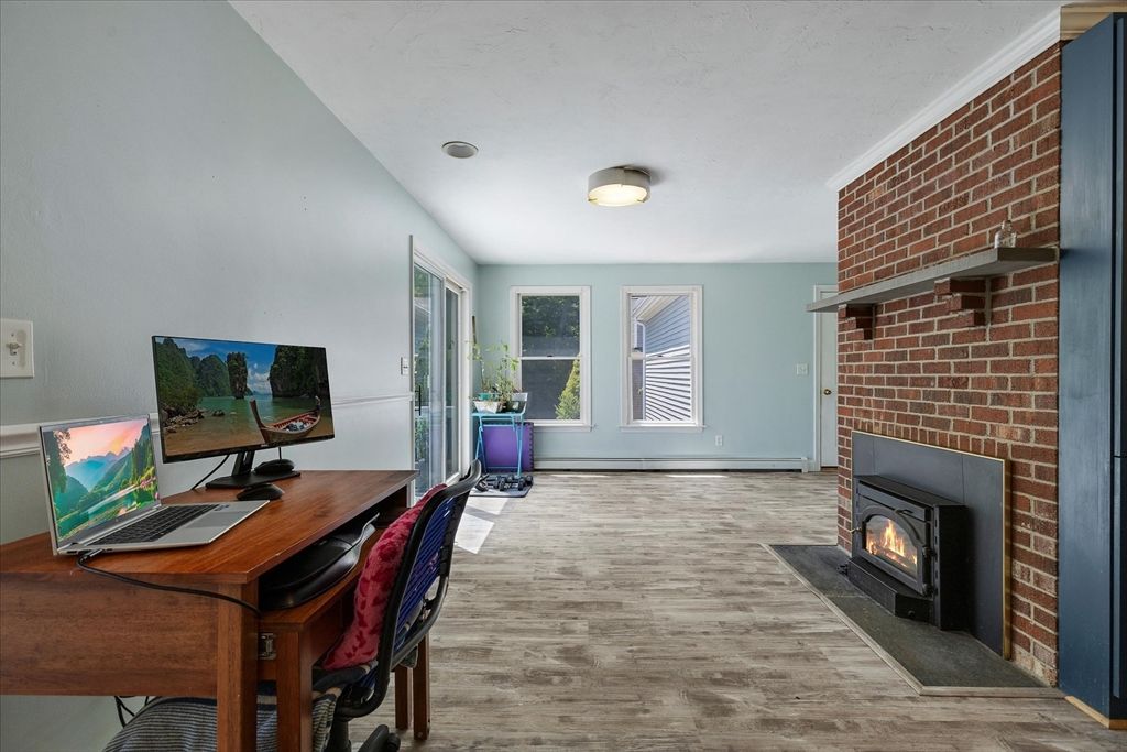 Fireplace, Home Office, Interior, Piano, Stone Walls, Wood Texture Flooring