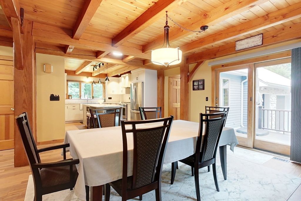 Dining room, Interior, Kitchen, Pendant Lights, Stainless Steel Appliances, Wooden Beams, Wooden Ceilings, Wood Texture Flooring