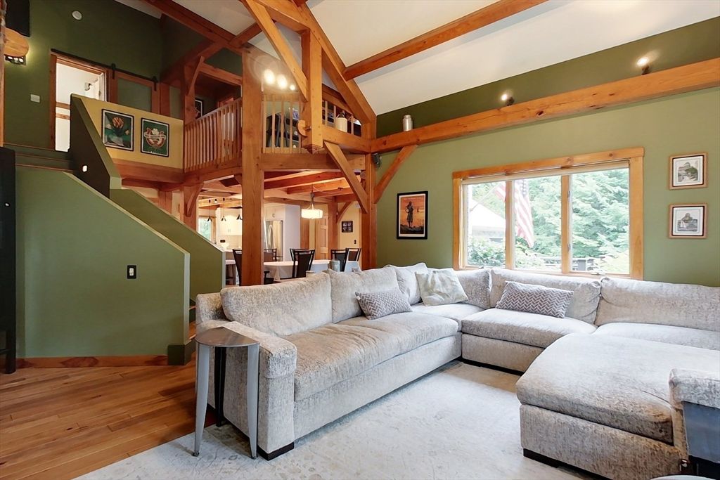 Dining room, Interior, Living room, Pendant Lights, Wooden Beams, Wood Texture Flooring