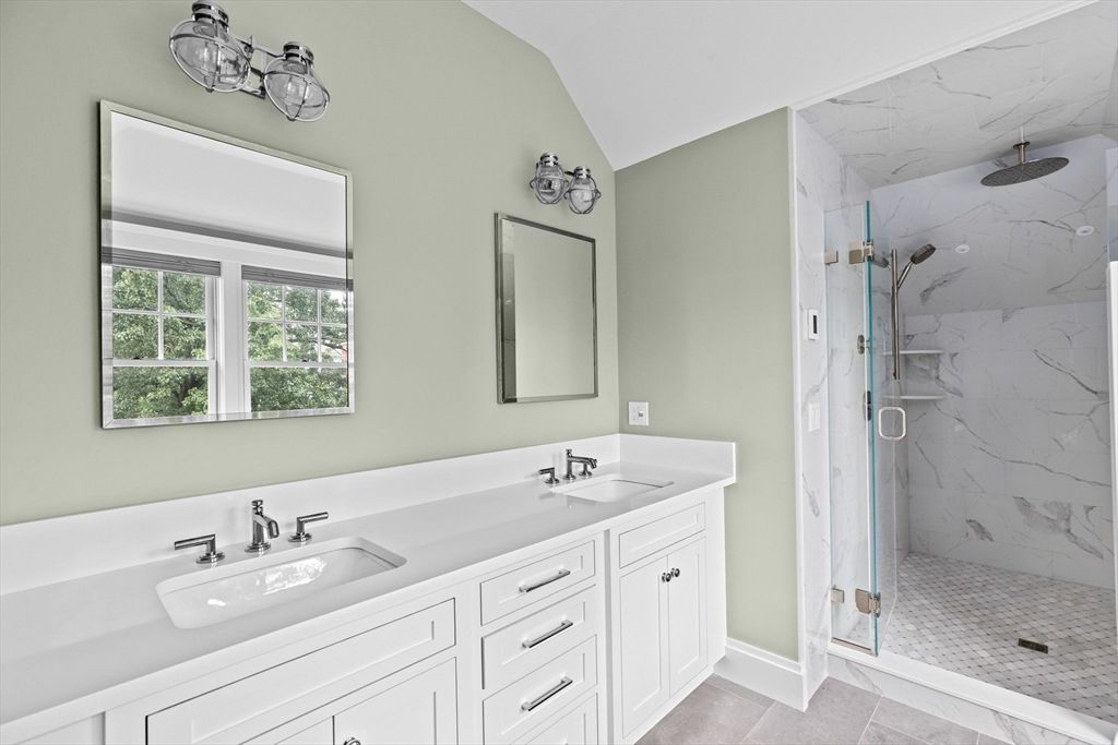 Bathroom, Dual Sink Vanities, Glass Shower, Interior, Marble Walls
