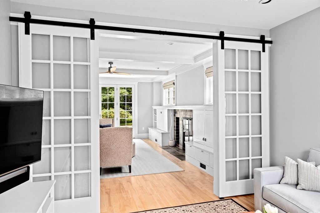Fireplace, Interior, Recessed Lighting, Wood Texture Flooring