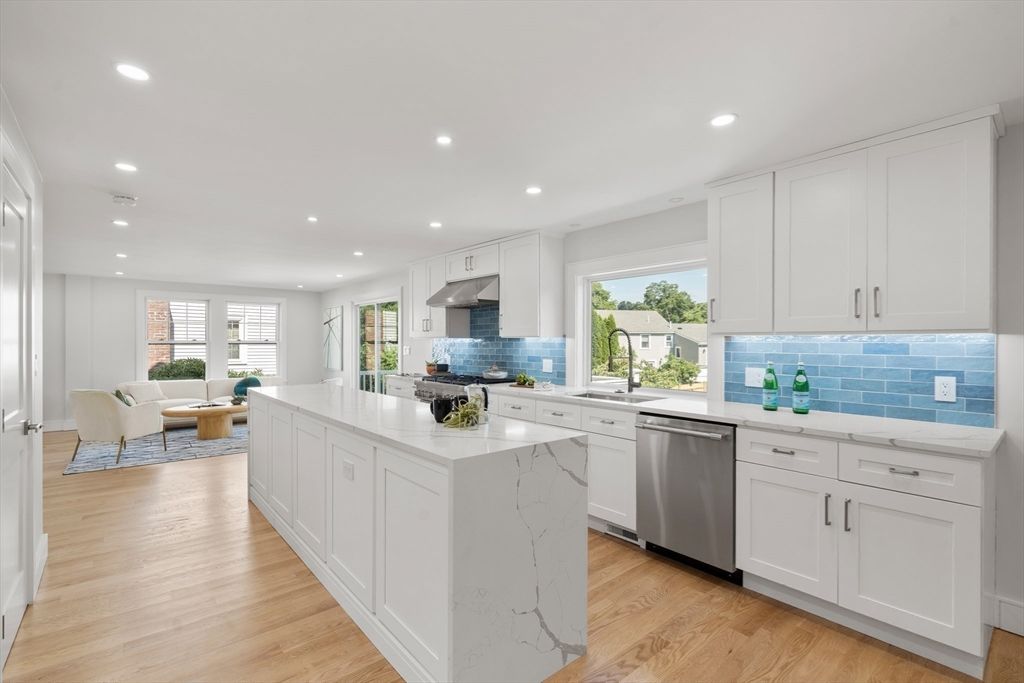 Dining room, Interior, Kitchen, Living room, Recessed Lighting, Stainless Steel Appliances, Wood Texture Flooring