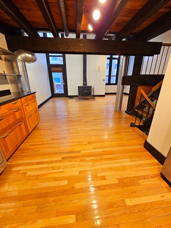 Empty room, Interior, Recessed Lighting, Wooden Beams, Wooden Ceilings, Wood Texture Flooring
