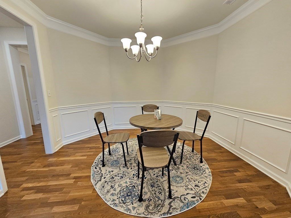 Chandelier, Dining room, Interior, Wood Texture Flooring
