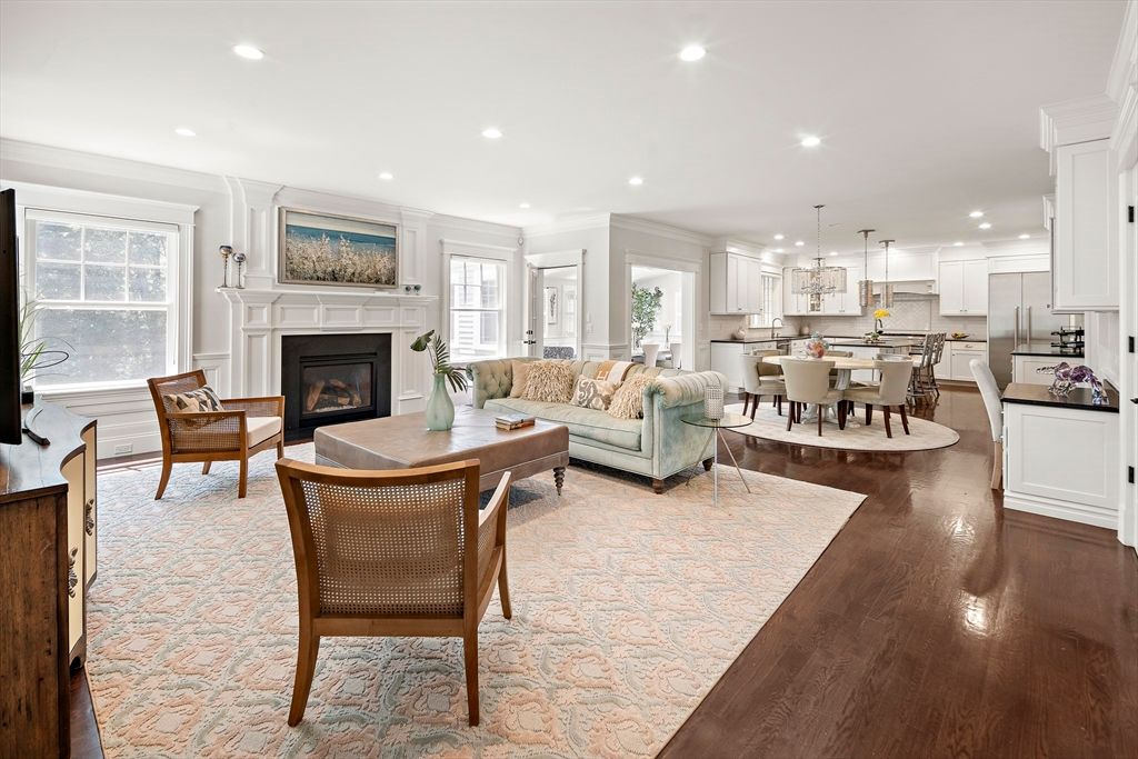 Dining room, Fireplace, Interior, Kitchen, Living room, Pendant Lights, Recessed Lighting, Wood Texture Flooring