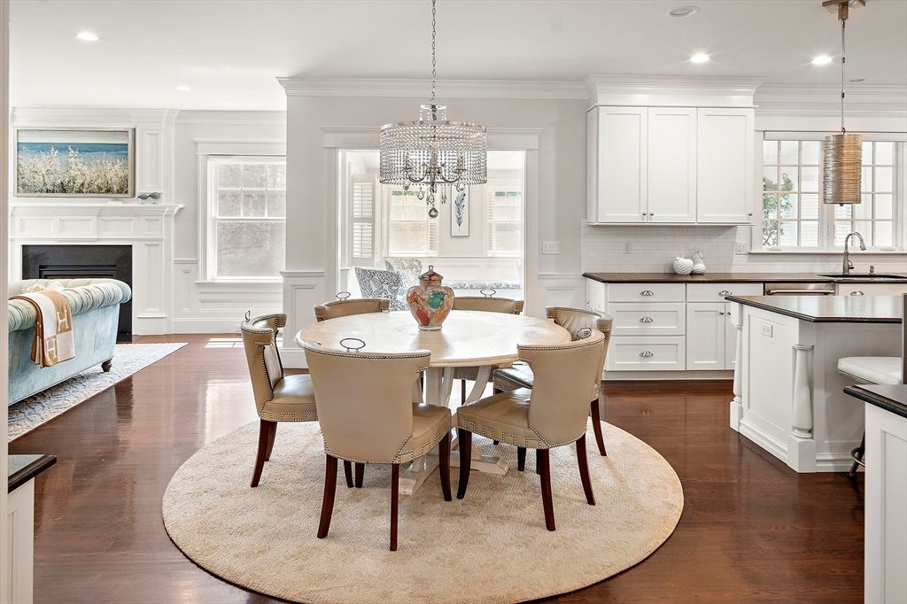 Chandelier, Dining room, Fireplace, Interior, Kitchen, Pendant Lights, Recessed Lighting, Wood Texture Flooring