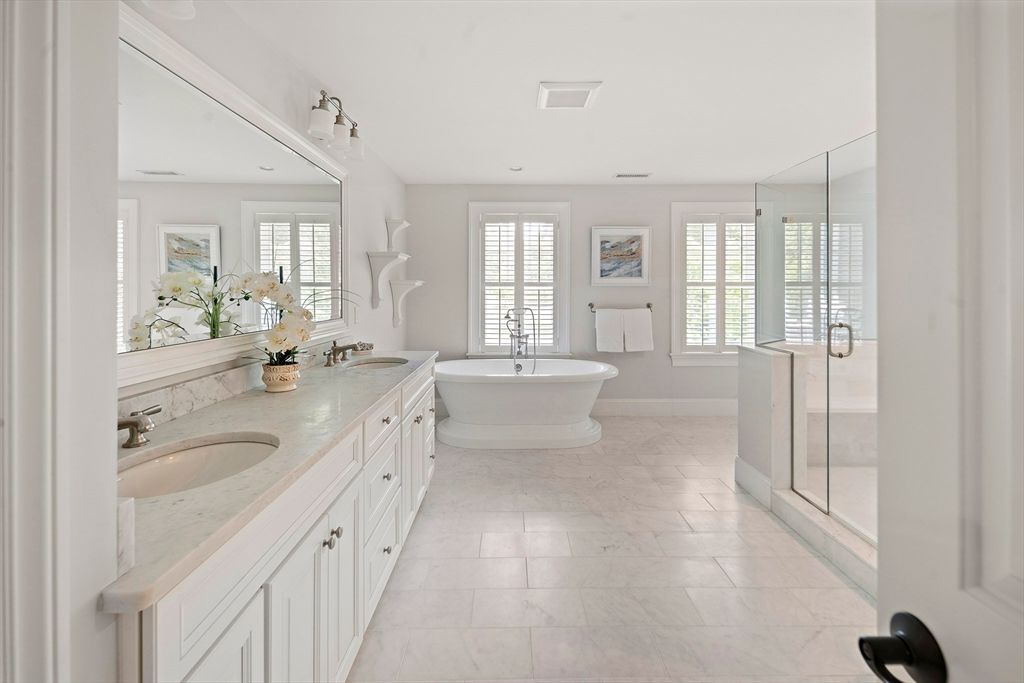 Bathroom, Dual Sink Vanities, Free Standing Baths, Glass Shower, Interior, Marble, Recessed Lighting
