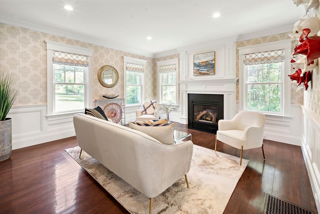 Fireplace, Interior, Living room, Recessed Lighting, Wood Texture Flooring