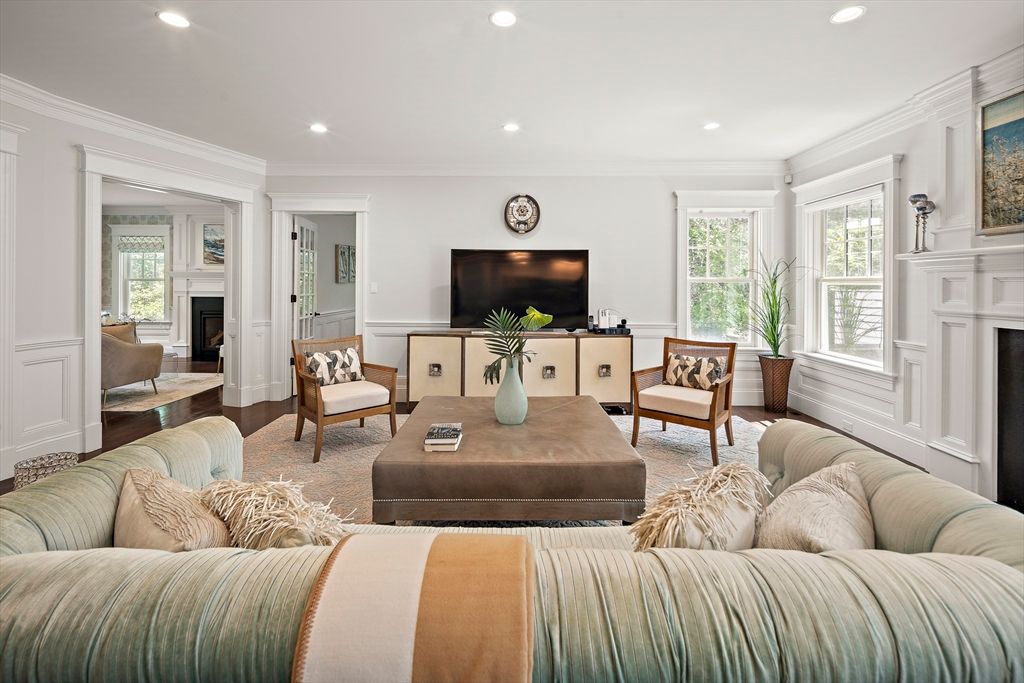 Fireplace, Interior, Living room, Recessed Lighting, Wood Texture Flooring
