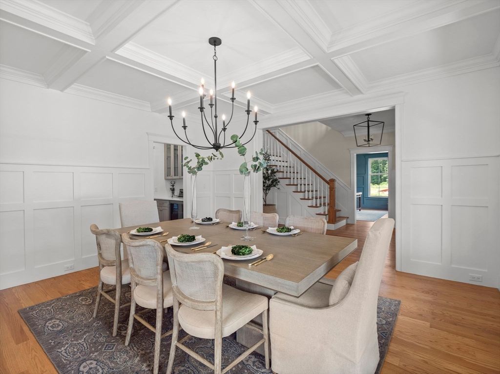 Chandelier, Dining room, Interior, Wood Texture Flooring