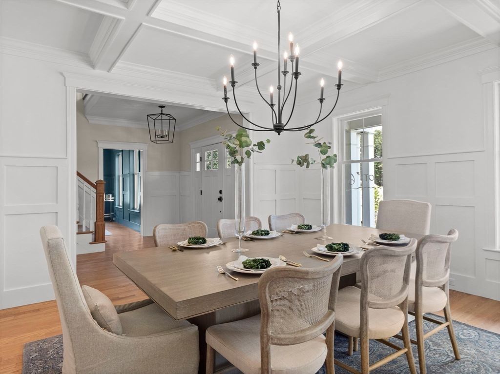 Chandelier, Dining room, Interior, Wood Texture Flooring